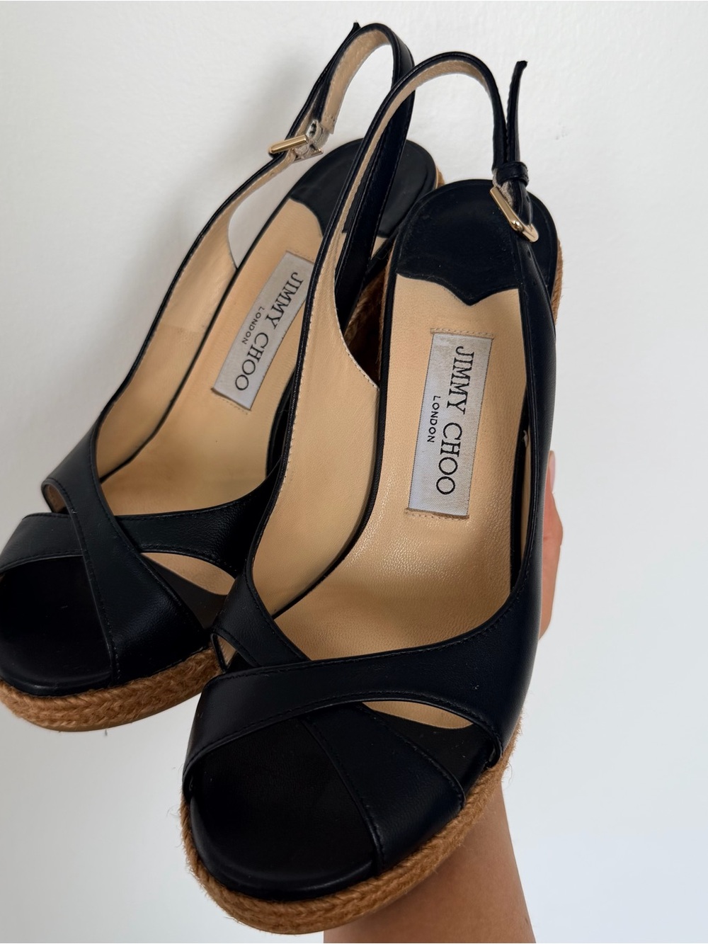 Jimmy Choo Black Leather Espadrille Wedge Sandals